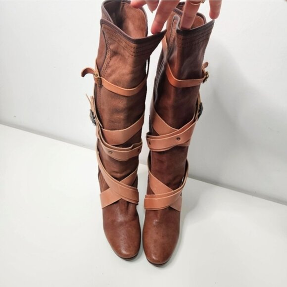 CHLOE Brown Leather Knee High Tall Boots Sz 9 / 40 EUR Wrap Around Straps Y2K - Picture 3 of 11